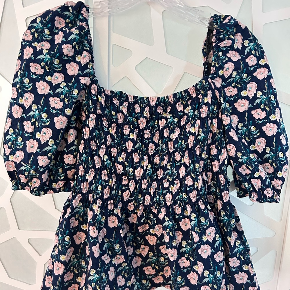 Umgee Pink and Blue Floral Smocked Top with Puff Sleeves